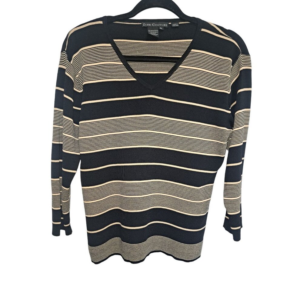 Ziani Couture XL Black Beige 3/4 Sleeve V-neck Striped Top
